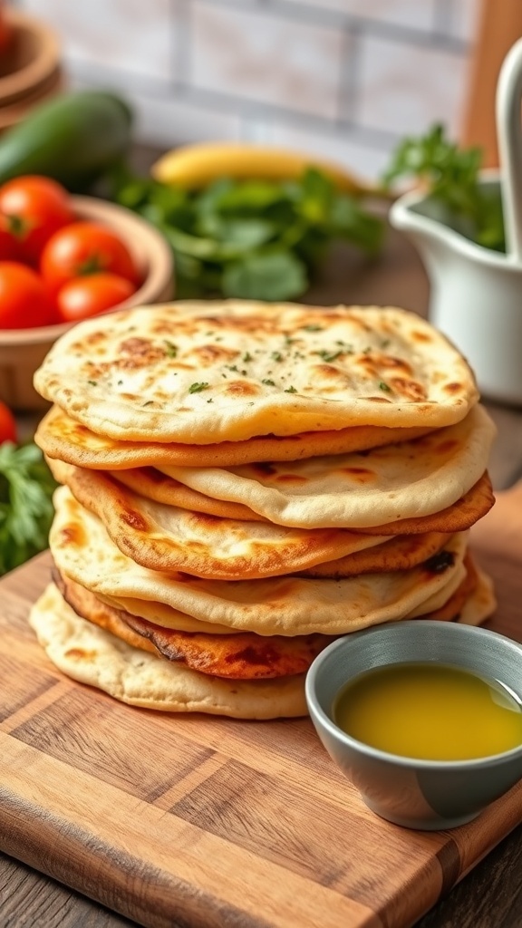 Gluten-Free Flatbread Recipe A stack of golden brown gluten-free flatbreads on a wooden board with olive oil for dipping.